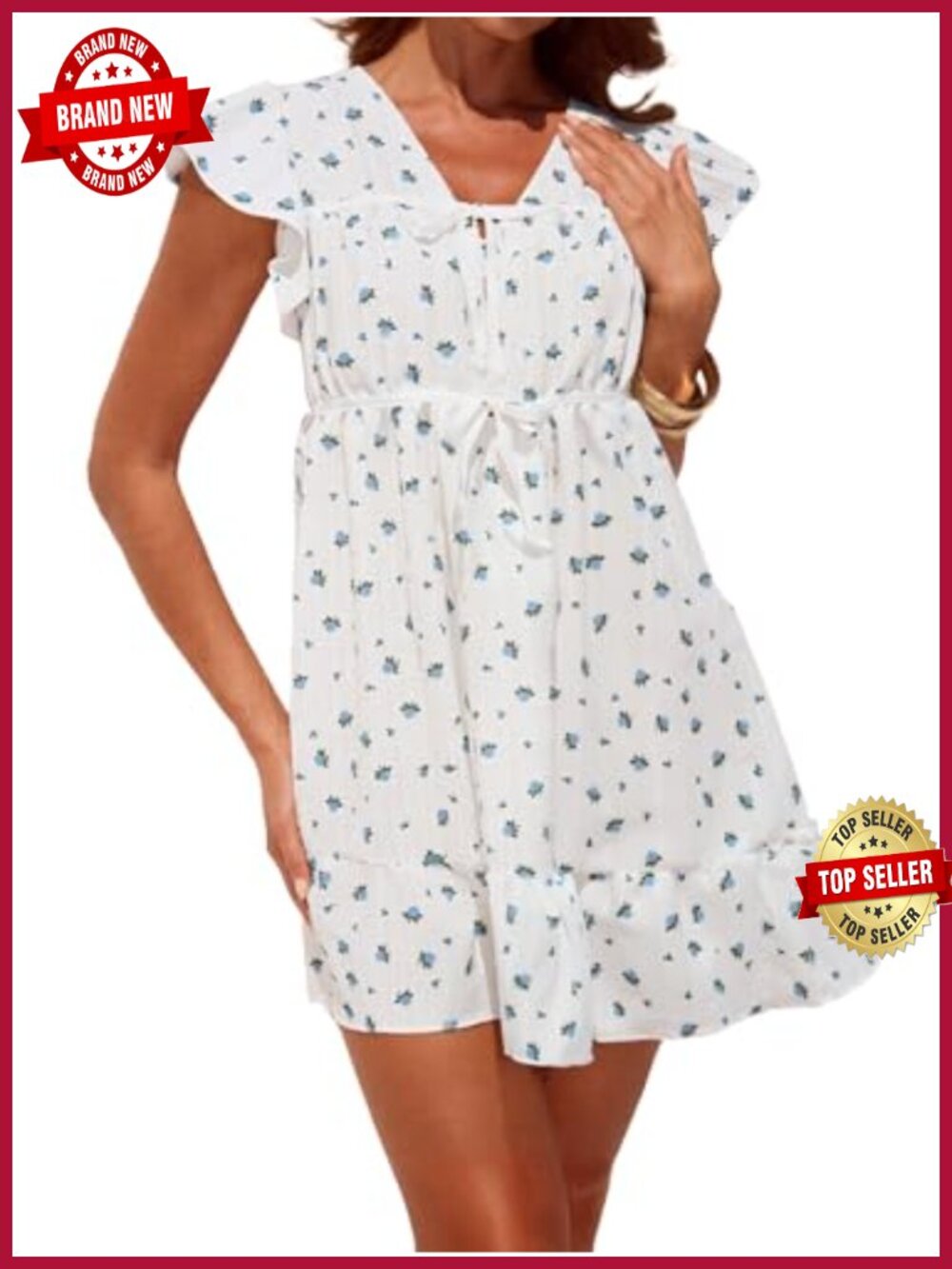 Womens Floral Mini Dress Tie Front Ruffle Short Sleeve Boho V-Neck Summer